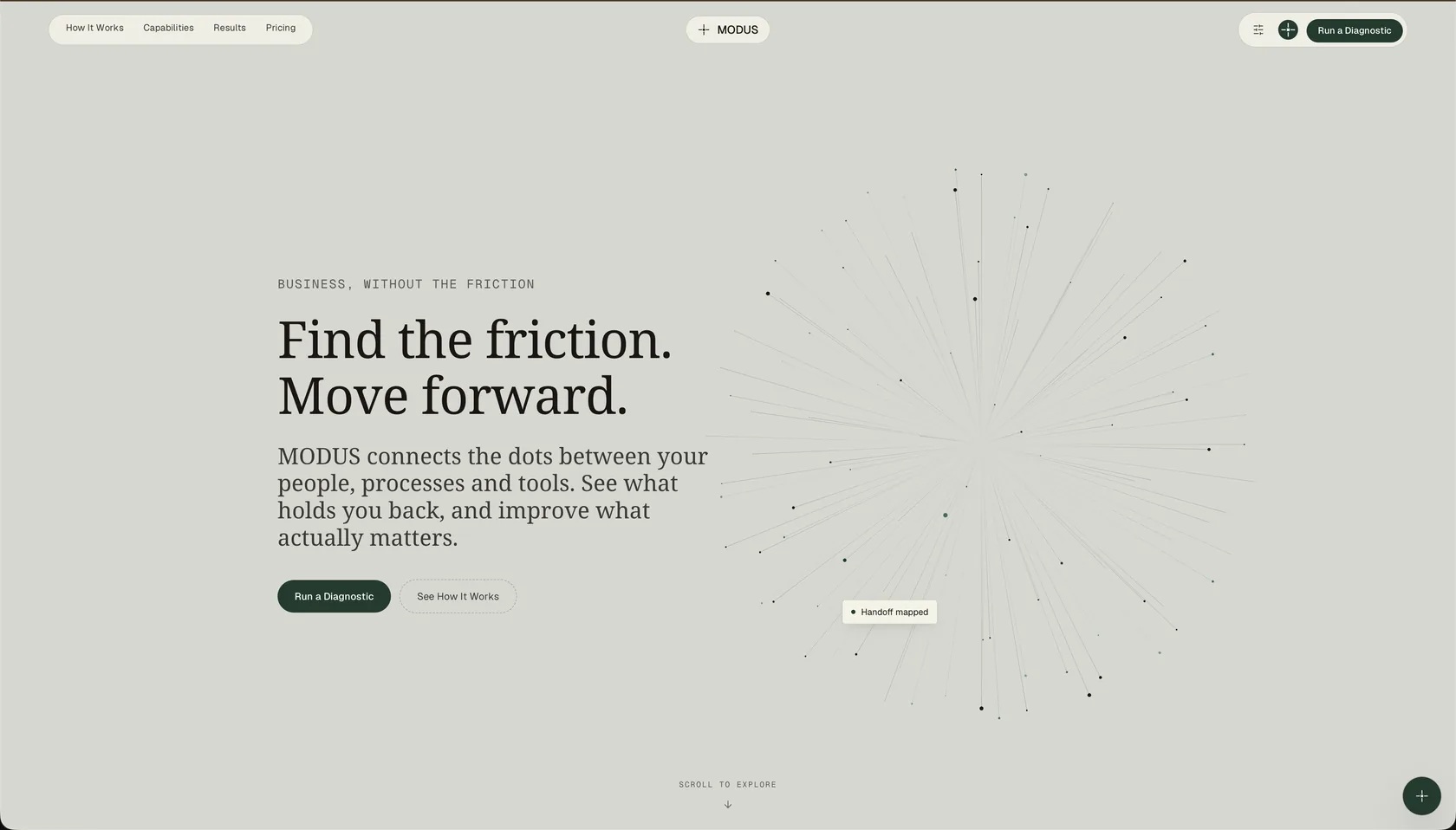 withmodus.co: the homepage, with the network of a business resolving behind the opening line